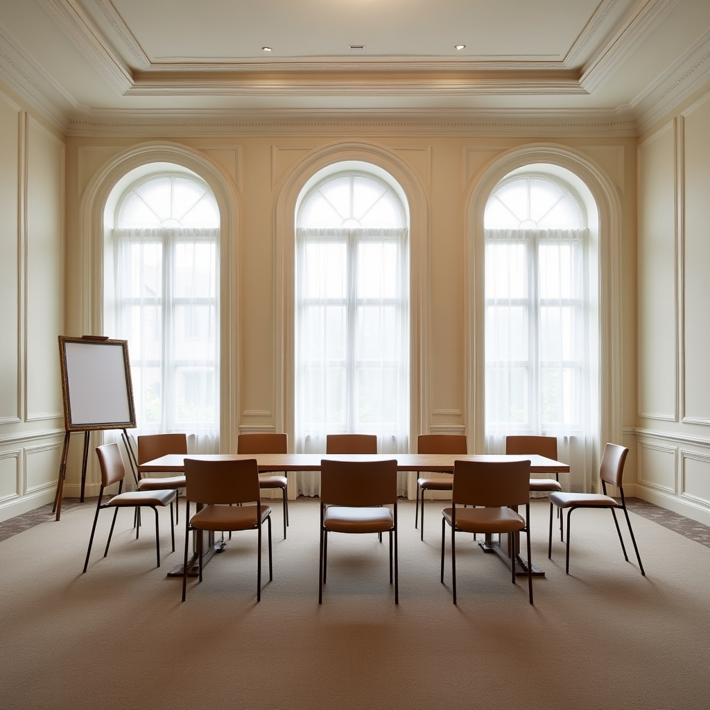 Sală de întâlniri într-un hotel din București, pregătită pentru un workshop în grupă mică